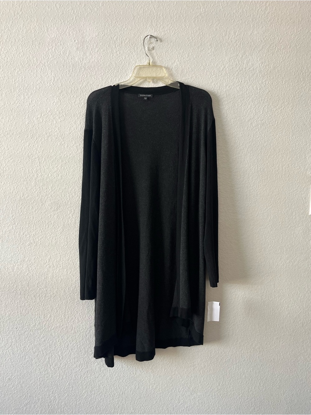 Eileen Fisher Color Block Long Cardigan Ribbed Sleeve XL NWT Black Gray
